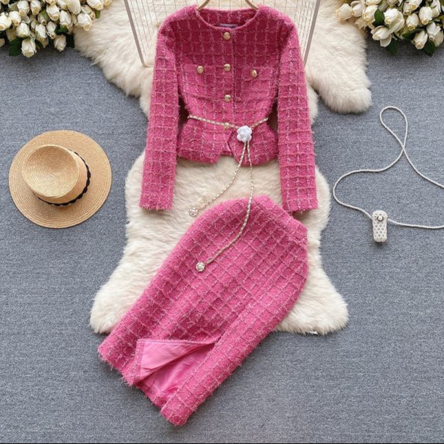 New Women's Winter Luxury Suit Long Sleeve Cardigan Coat Split Mid Length Skirt Female Two Pieces Skirt Set