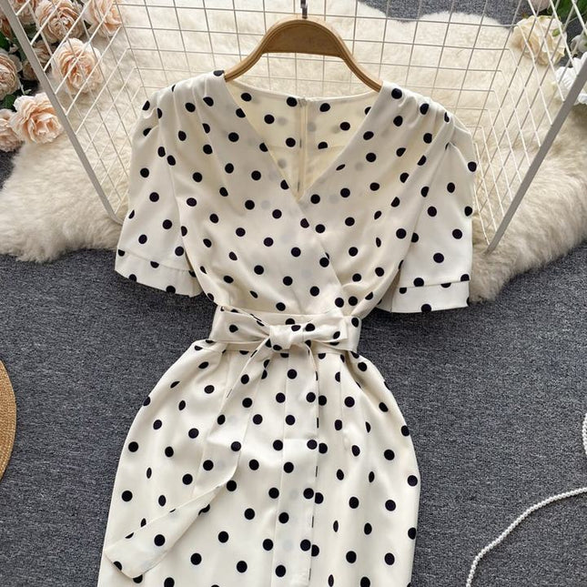 Summer Latest V Neck Short Sleeve Straight Casual Polka Dot Summer Dress