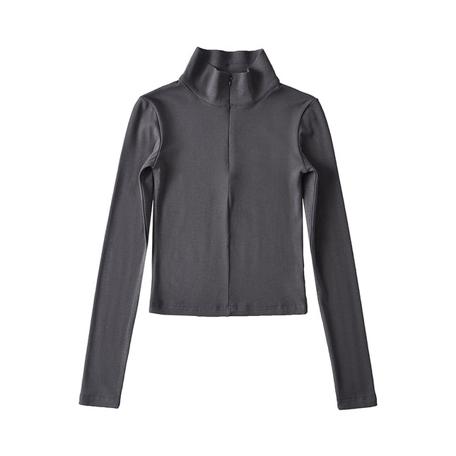 Turtleneck Collar Solid Color Long Sleeve Zipper Fly Casual Women t Shirt