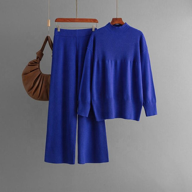 High-grade Casual Two-piece Knit Fashion Set Women's Autumn Winter Long Sleeve Sweater + High Waist Slimming Slacks