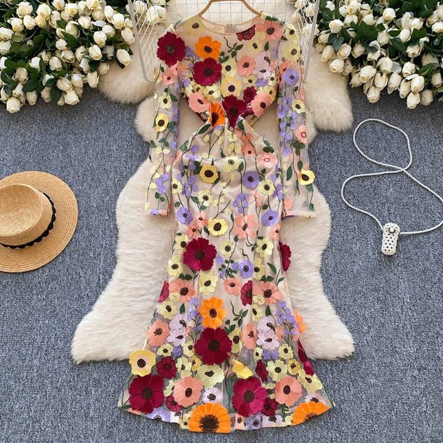 Women's Dress 2025 Spring Embroidery Waist Slim-Fit Dress