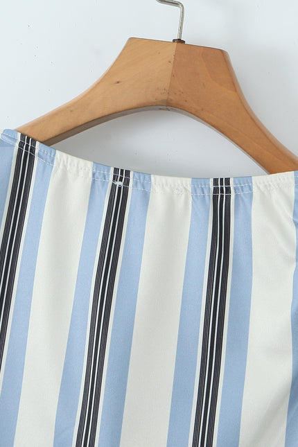Square Collar Striped Print Short Sleeve Blue White Color Casual Fashion t Shirt for Women