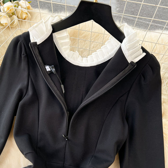 Contrast Panel Dress Slim Fit Black Mid Length Dress