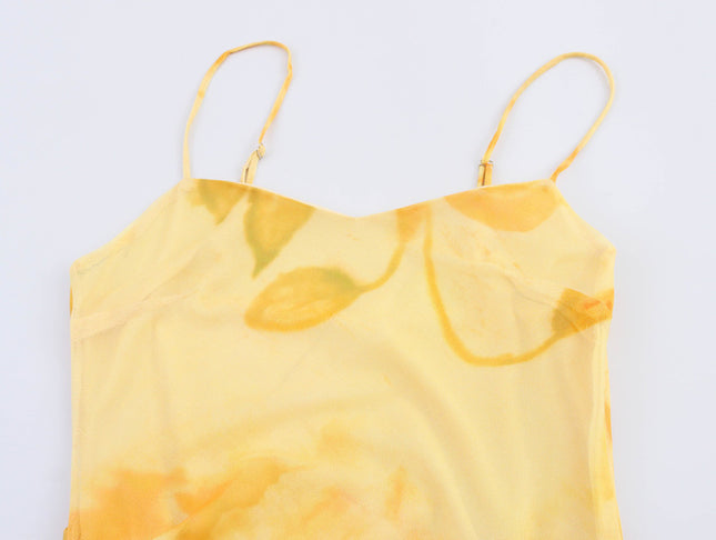 Spaghetti Strap Yellow Color Floral Print Casual Fashion Long slip Dress for Women