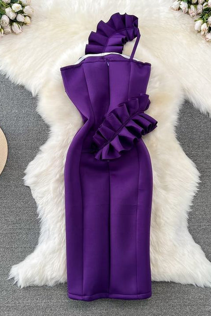 Fashion Premium Ruffle Sheath Hanging Neck Waist Purple Tight Gown Dresses