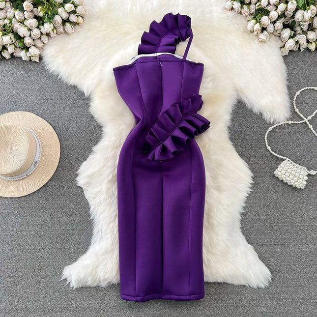 Fashion Premium Ruffle Sheath Hanging Neck Waist Purple Tight Gown Dresses