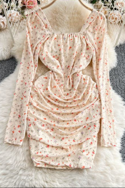 Francês Floral Praça Pescoço Vestido de Manga Longa Mulheres Verão Plissado Bainha Vestidos