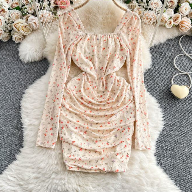 Francês Floral Praça Pescoço Vestido de Manga Longa Mulheres Verão Plissado Bainha Vestidos