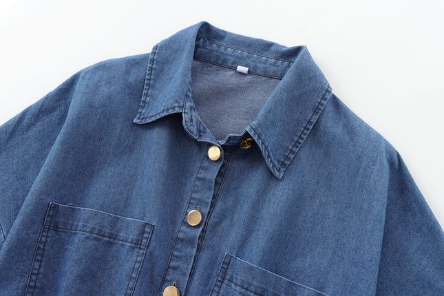 Turn Down Collar Half Sleeve Buttons up Denim Blue Color Buttons up Casual Fashion Tops Shirts for Women