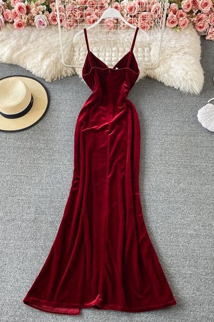 New Deep V Low-Cut High Open Fork Halter Banquet Host Gold Velvet Sexy Backless Evening Dresses