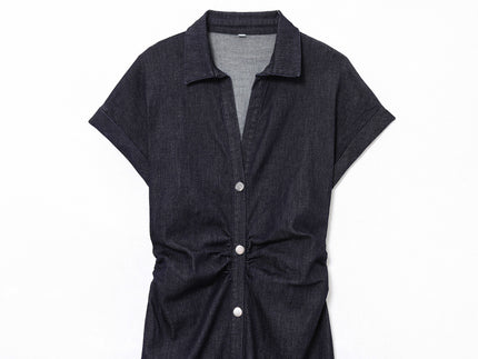 Turn Down Collar Buttons up Short Sleeve Denim Blue Color Casual Fashion Jeans Shirt Dress for Women