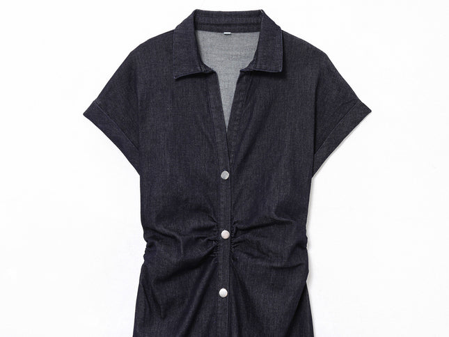 Turn Down Collar Buttons up Short Sleeve Denim Blue Color Casual Fashion Jeans Shirt Dress for Women