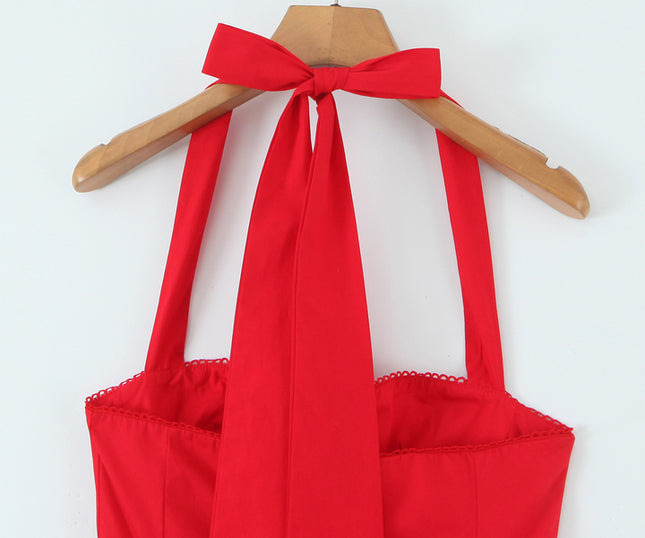 3 Colorway Back Hollow Out Red Color Sleeveless Casual Fashion Summer Long Halter Dress for Women