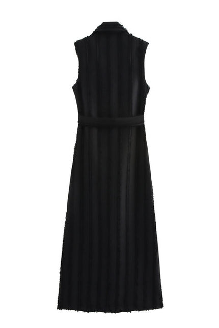 Notched collar black color double breasted sashes sleeveless casual fashion maxi dress for women