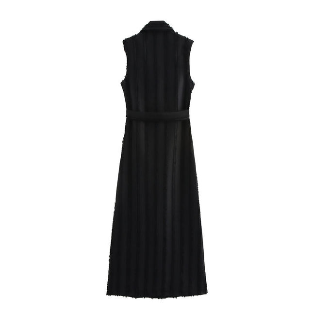 Notched collar black color double breasted sashes sleeveless casual fashion maxi dress for women