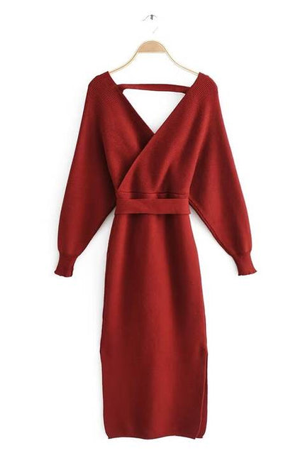 6 Colorway v Neck Long Sleeve Solid Color Sashes Casual Fashion Knit Long Dress for Women