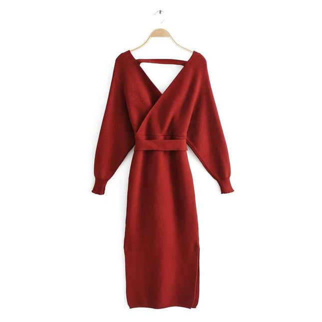 6 Colorway v Neck Long Sleeve Solid Color Sashes Casual Fashion Knit Long Dress for Women