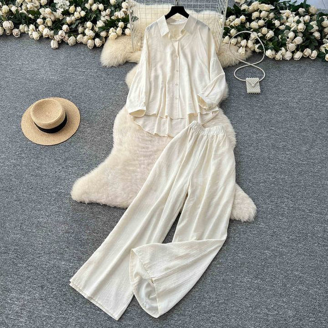 Casual Suit Women Loose Irregular Long Sleeve Shirt High-waisted Wide Leg Straight Pants Two Piece Set