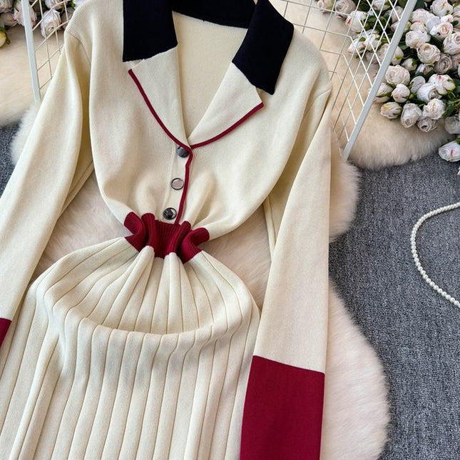 French Retro Color Collision Lapel Knit Dress Women'S New Long Sweater Dress in Autumn Winter