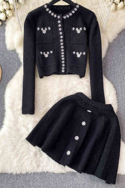 New Women Knit Two Piece Sets Short Sweater Cardigan Skirt Set Elegant Office Party Two Pieces