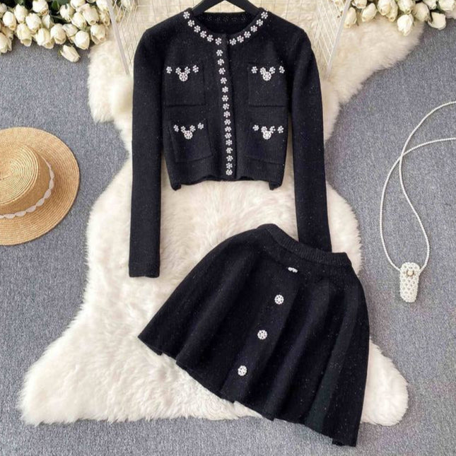 New Women Knit Two Piece Sets Short Sweater Cardigan Skirt Set Elegant Office Party Two Pieces