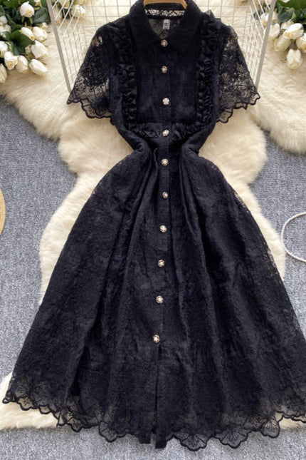 Verão francês Vintage elegante laço bordado lapela vestido vestidos
