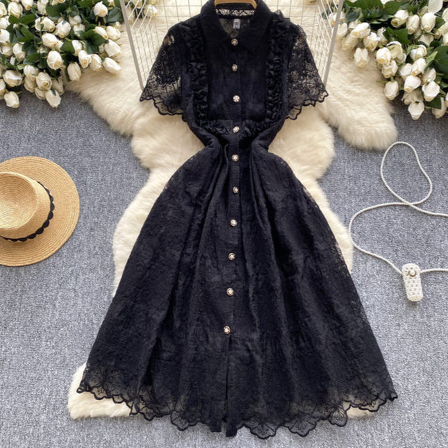 Verão francês Vintage elegante laço bordado lapela vestido vestidos