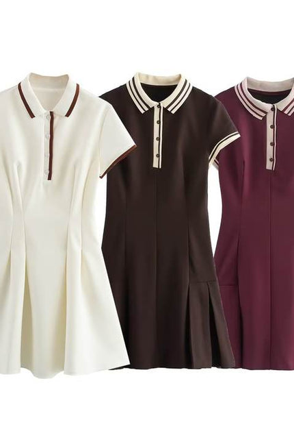 Turn Down Collar Short Sleeve Solid Color Bottom Pleated Casual Fashion Summer Mini Dress for Women
