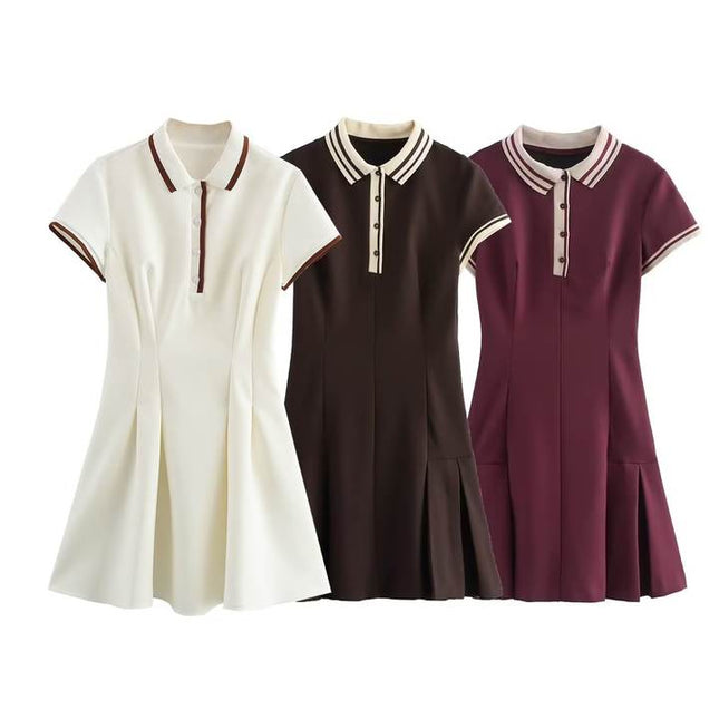 Turn Down Collar Short Sleeve Solid Color Bottom Pleated Casual Fashion Summer Mini Dress for Women
