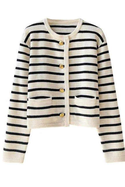 Round Neck Color Clashing Striped Knitted Cardigan Women Spring Autumn French Loose Short Sweater Jacket