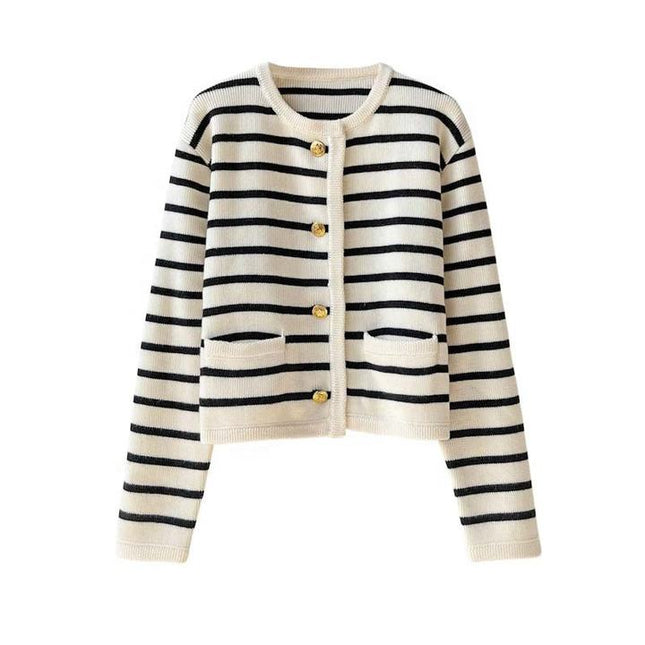 Round Neck Color Clashing Striped Knitted Cardigan Women Spring Autumn French Loose Short Sweater Jacket