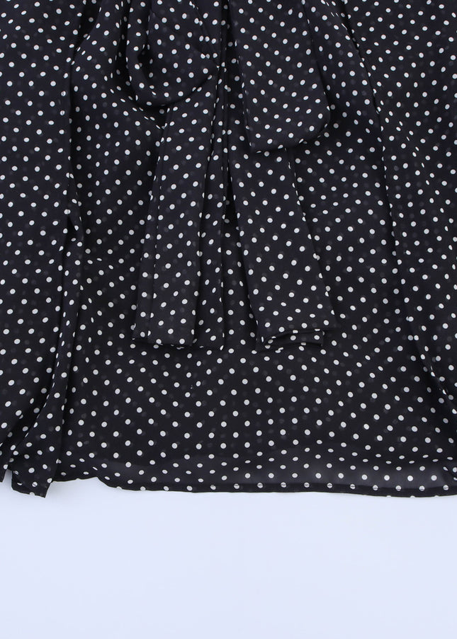 Bow Tie Collar Black Color Polka Dot Print Long Sleeve Casual Fashion Tops Blouse for Women