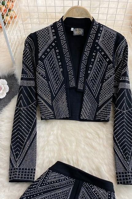 Fashionable Style Hot Diamond Suit Coat Women's Foreign Style Short Top Two Piece Set High Waist Wide Leg Shorts Fashion