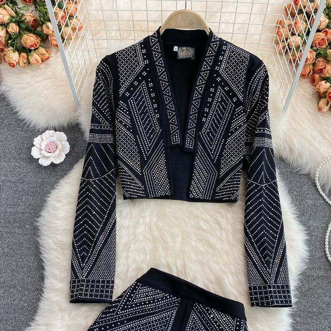 Fashionable Style Hot Diamond Suit Coat Women's Foreign Style Short Top Two Piece Set High Waist Wide Leg Shorts Fashion