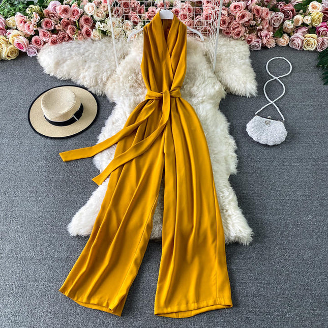 Summer Fashion V-Neck Sleeveless Hanging Neck Jumpsuit