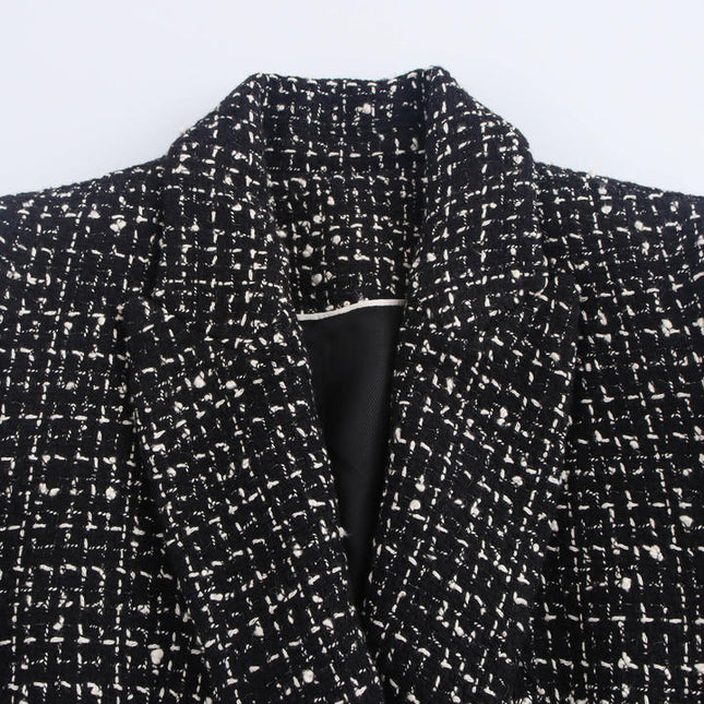 Black Color Plaid Pattern Double Breasted Long Sleeve Notched Collar Casual Fashion blazer for Women