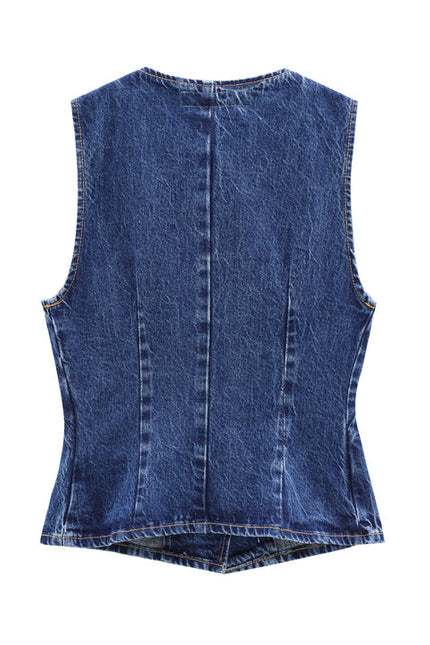 V Neck Denim Blue Color Buttons up Hot Sale Casual Fashion Vest Waistcoat for Women