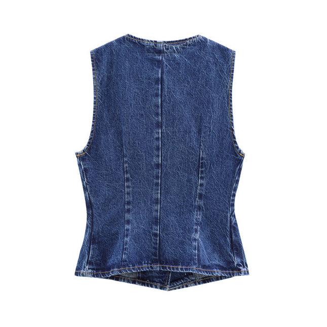 V Neck Denim Blue Color Buttons up Hot Sale Casual Fashion Vest Waistcoat for Women