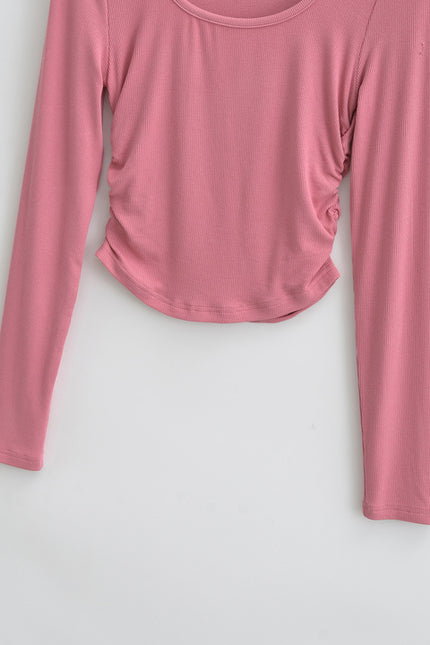 5 Colorway Solid Color Side Pleated Long Sleeve Crew Neck Casual Fashion Knitted Women t Shirt