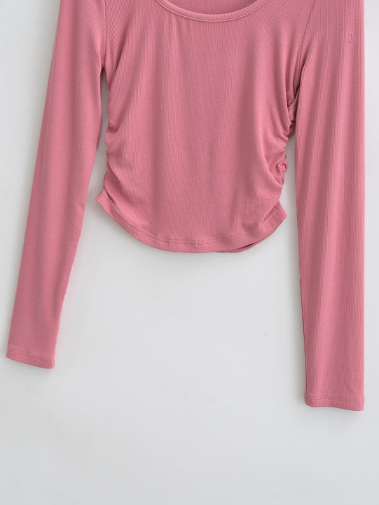 5 Colorway Solid Color Side Pleated Long Sleeve Crew Neck Casual Fashion Knitted Women t Shirt