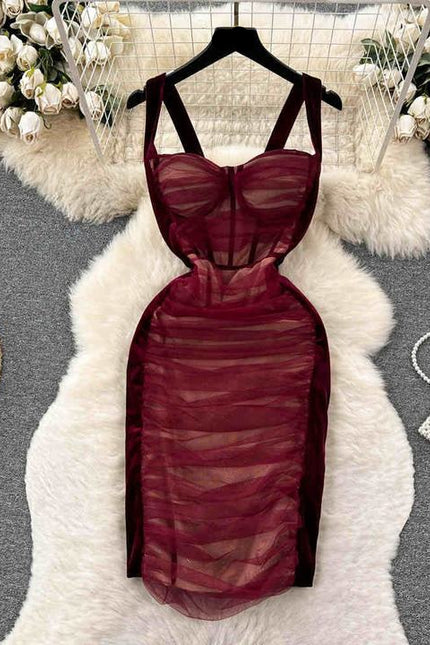 Vintage Mesh Pleated Splicing Sheath Slimming Gown Dresses