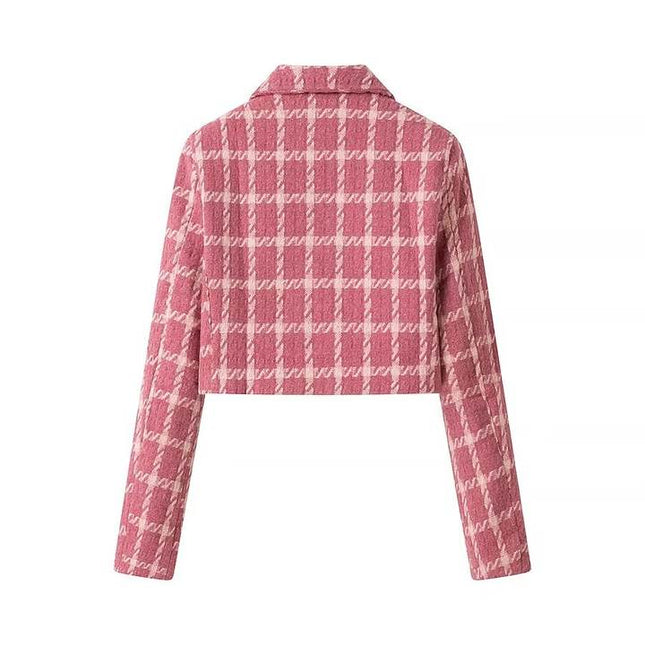 2 Colorway Double Breasted Long Sleeve Notched Collar Plaid Print Casual Fashion Crop blazer for Women