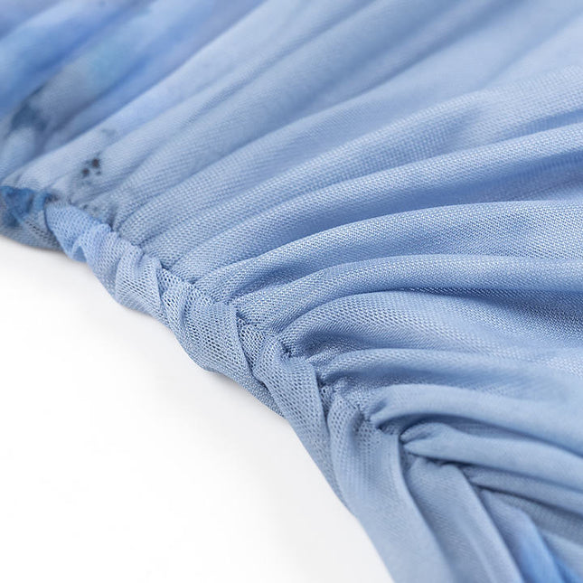 Crew Neck Pleated Sleeveless Blue Color Back Zipper Fly Casual Fashion Maxi Mesh Dress for Women