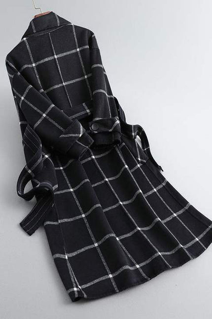 2022 New Plaid Pattern Mid-length Windbreaker Female Korean Version Slim Double-breasted Design Temperament Coat