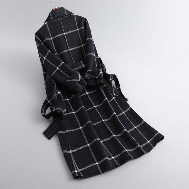 2022 New Plaid Pattern Mid-length Windbreaker Female Korean Version Slim Double-breasted Design Temperament Coat