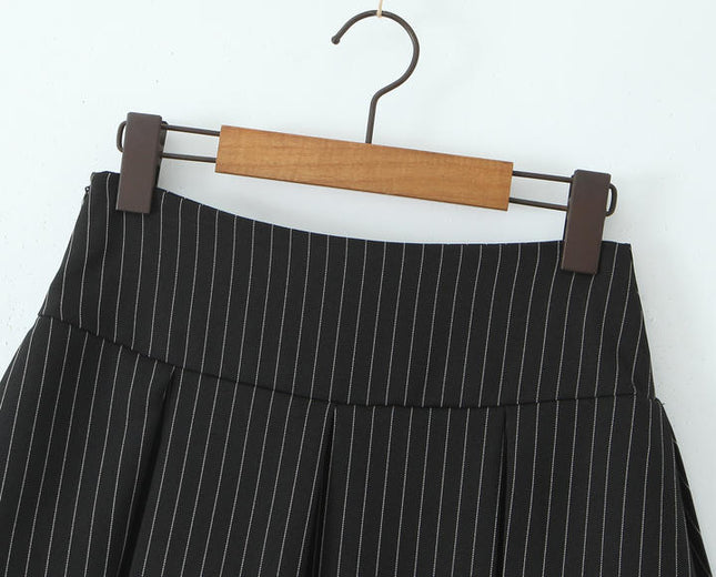 Striped Print Black Color Zipper Fly Casual Fashion Mini Pleated Skirt for Women