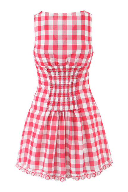 V Neck Buttons up Red White Color Plaid Print Sleeveless Casual Fashion Summer Cotton Mini Dress for Women