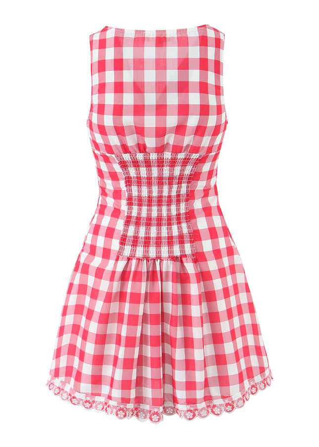 V Neck Buttons up Red White Color Plaid Print Sleeveless Casual Fashion Summer Cotton Mini Dress for Women