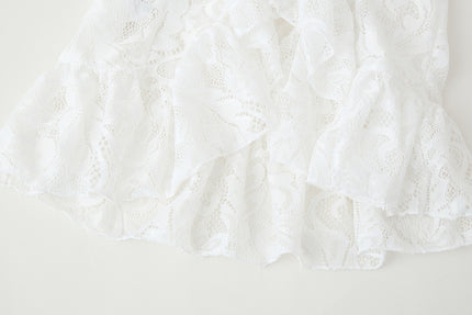 V Neck White Color Floral Lace Front Ruffle Long Sleeve Casual Fashion Tops Blouse for Women