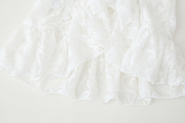 V Neck White Color Floral Lace Front Ruffle Long Sleeve Casual Fashion Tops Blouse for Women